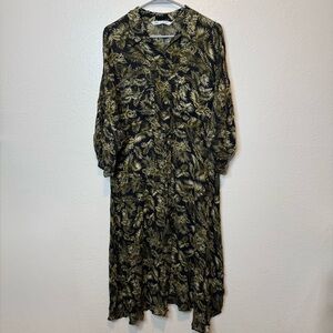 Zara Tropical Palm Leaf Print Midi Button Front Tie Waist Dress Size Large